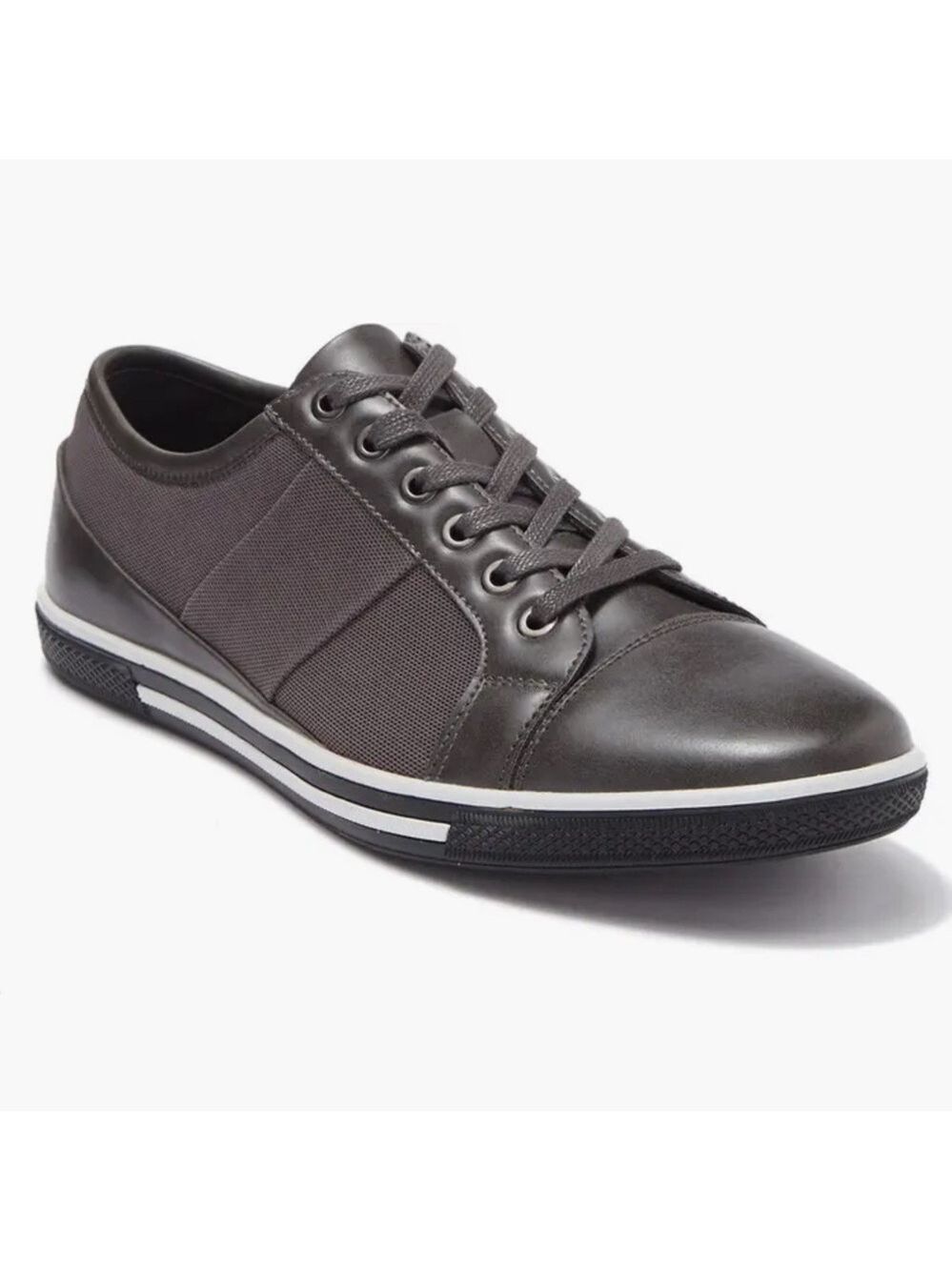 Gray Sneakers with Leather Upper and Striped Midsole